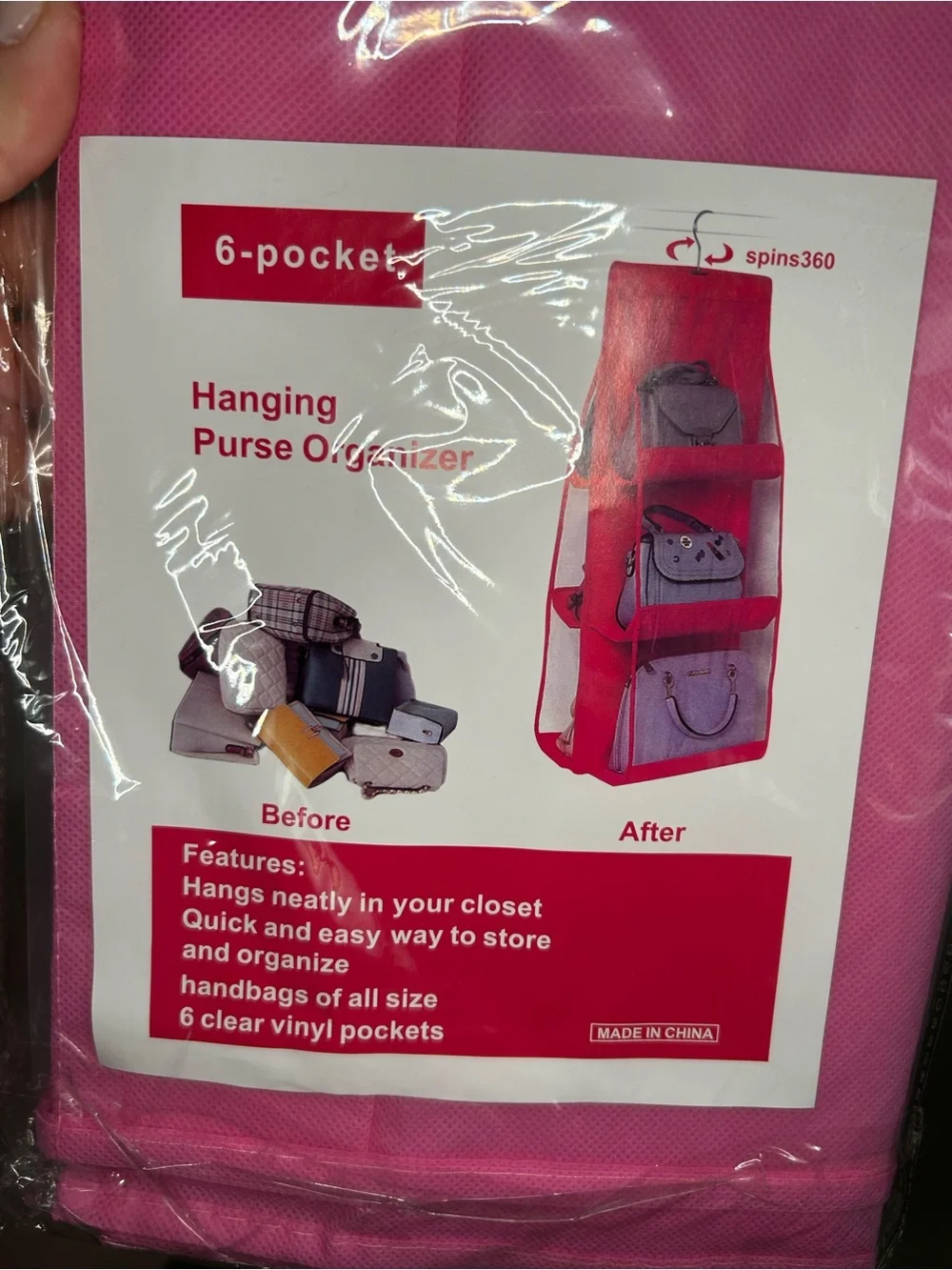 Hanging Purse Organizer - Pink 6-Pocket